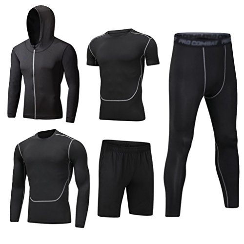 DOOXI Herren 5 Stücke Sport Anzug Schnell Trocken Joggen Kleidung Strumpfhosen Laufanzüge Kompression Shirt Gym Training Lauf Trainingsanzüge L von DOOXI