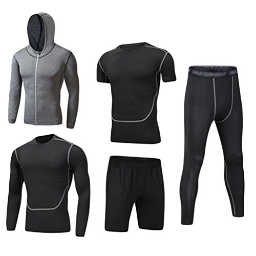 DOOXI Herren 5 Stücke Sport Anzug Schnell Trocken Joggen Kleidung Strumpfhosen Laufanzüge Kompression Shirt Gym Training Lauf Trainingsanzüge L von DOOXI