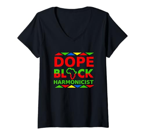 Damen Dope Black Harmonicist African American Mundharmonika Spieler T-Shirt mit V-Ausschnitt Damen Dope Black Harmonicist African American Mundharmonika Spieler T-Shirt mit V-Ausschnitt von Dope Black Harmonicists Musicians