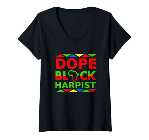 Damen Dope Black Harpist Afroamerikanischer Harfenspieler Musiker T-Shirt mit V-Ausschnitt von Dope Black Harpists Musicians