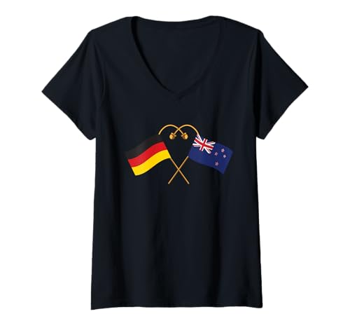 Damen Neuseeländische Flagge Deutsche Flagge Neuseeland T-Shirt mit V-Ausschnitt Damen Neuseeländische Flagge Deutsche Flagge Neuseeland T-Shirt mit V-Ausschnitt von Doppelte Staatsbürgerschaft Deutsch Neuseeländisch