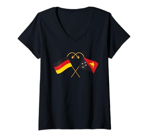 Damen Papua-neuguineische Flagge Deutsche Flagge Papua-Neuguinea T-Shirt mit V-Ausschnitt von Doppelte Staatsbürgerschaft Deutsch Papua-Neuguine