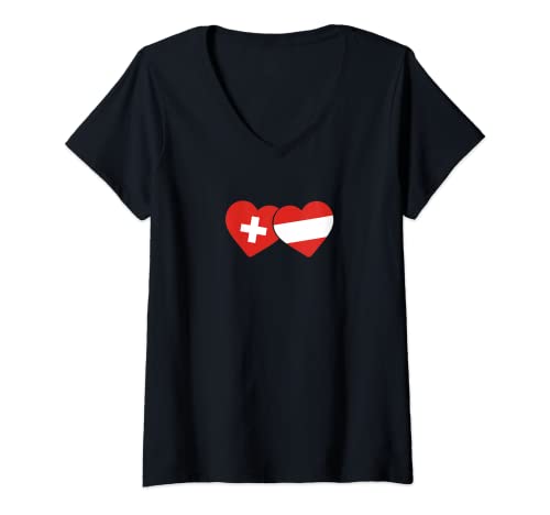 Damen Schweizerische Flagge Österreich Flagge Schweiz Österreich T-Shirt mit V-Ausschnitt von Doppelte Staatsbürgerschaft Österreich Schweiz.
