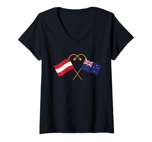 Damen Neuseeländische Flagge Österreichische Flagge Neuseeland T-Shirt mit V-Ausschnitt Damen Neuseeländische Flagge Österreichische Flagge Neuseeland T-Shirt mit V-Ausschnitt von Österreichisch Neuseeland Flagge