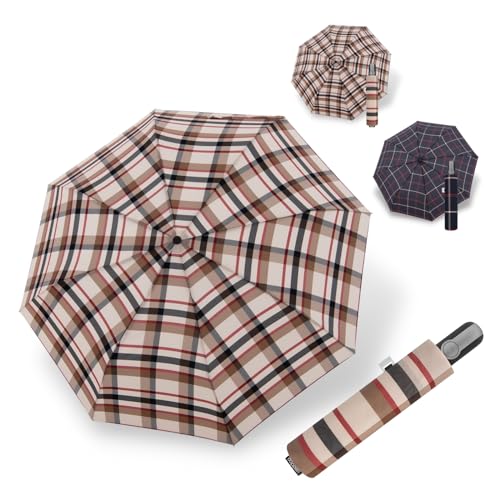 Doppler Protect Duo Regenschirm in Karo beige I Stabiler Taschenschirm I Auf- / Zu-Automatik I Leicht zu Öffnen & zu Schließen I Carbonsteel-Technik I Robust & sicher bei Regen & Wind von Doppler