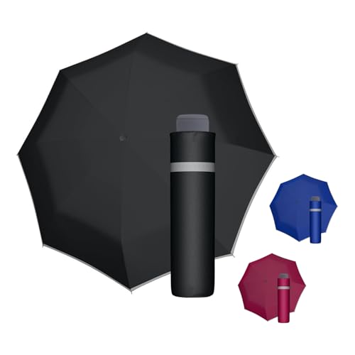 doppler Regenschirm Mini Light Up Reflex in schwarz I Regenschirm mit reflektierendem Rand I Handöffner Taschenregenschirm I Mini Schirm mit Schirmtasche I Leichter Taschenschirm für unterwegs von Doppler
