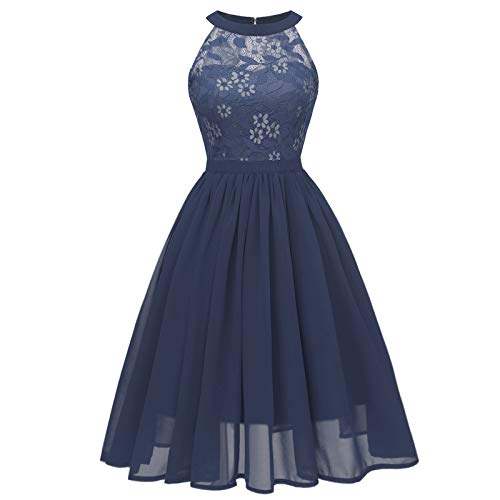 Achimlt Damen Spitzenkleid Brautjungfer Elegant Party Knielang Cocktailkleid Chiffon Ärmellos Damen Rockabilly Kleid Knielang Vintage Retro Kleider Faltenrock (Marine, M) von DorDerHEI