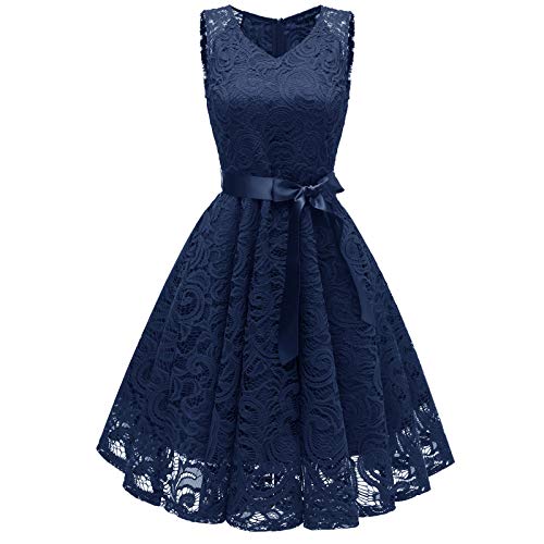 Damen Neckholder 1950er Vintage Retro Rockabilly Kleider Petticoat Faltenrock Cocktail Festliche Kleider Chiffon Kleid Knielang Ärmellos A Linie Kleider (Marine-2, M) von DorDerHEI