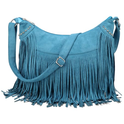 Dora & Liz Modische Damen-Umhängetasche mit Fransen, veganes Wildleder, Hippie-Quaste, Hobo-Schultertasche, Bohemian-Handtaschen, Blau, 14.2" L x 3.9" W x 10.3" H von Dora & Liz