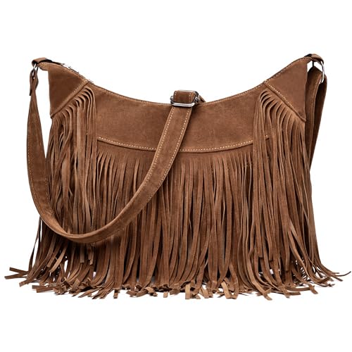 Dora & Liz Modische Damen-Umhängetasche mit Fransen, veganes Wildleder, Hippie-Quaste, Hobo-Schultertasche, Bohemian-Handtaschen, Braun, 14.2""L x 3.9""W x 10.3""H von Dora & Liz