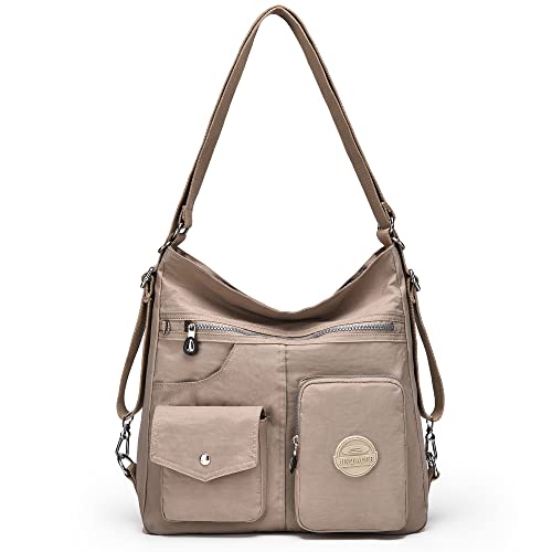 Mehrzweck-Hobo-Tasche für Damen mit Anti-Diebstahl-RFID, wasserdichte Nylon-Umhängetasche, Umhängetasche, zu Rucksack umwandelbar, aprikose, Large von Dora & Liz