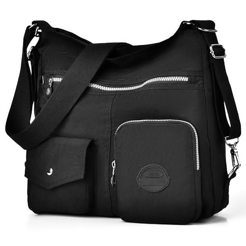 Mehrzweck Hobo börse für Frauen mit Anti-Diebstahl-RFID, wasserdichte Nylon Crossbody Tasche Schultertasche Handtasche wandelbarer Rucksack, Schwarz (schwarz), Large von Dora & Liz