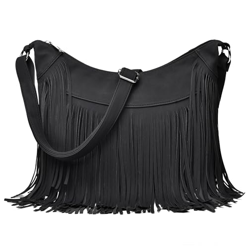 Dora & Liz Hobo-Tasche mit Fransen für Damen, Vintage, Wildleder, Umhängetasche, Hippie, Western-Cowgirl, Geldbörsen, Quaste, Schultertasche, Schwarz, 14.2" L x 3.9" W x 10.3" H von Dora & Liz