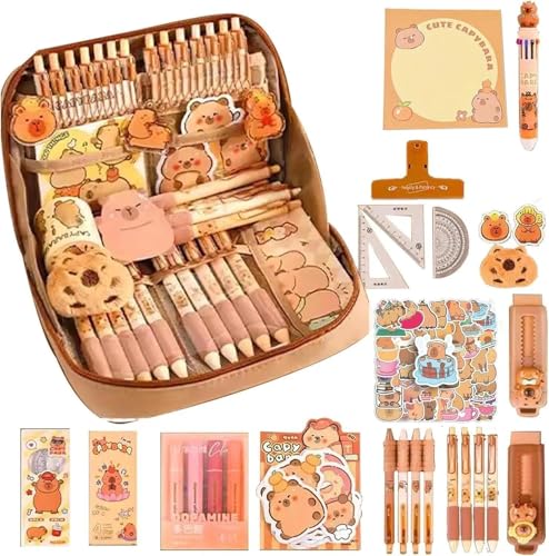Capybara Schulmäppchen mit 12 Fächern, Schreibwaren-Set, mehrlagiges Federmäppchen mit Schulbedarf, großes Fassungsvermögen, Federmäppchen mit Aufklebern und Linealen, Braun, 86 Stück, braun von Doraler
