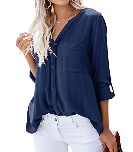 Dordanity Damen Bluse Elegant V-Ausschnitt Hemd Langarm Casual Arbeit Einfarbig Button Down Lose Langarmshirt Oberteile Tops (Large,Dunkelblau) von Dordanity