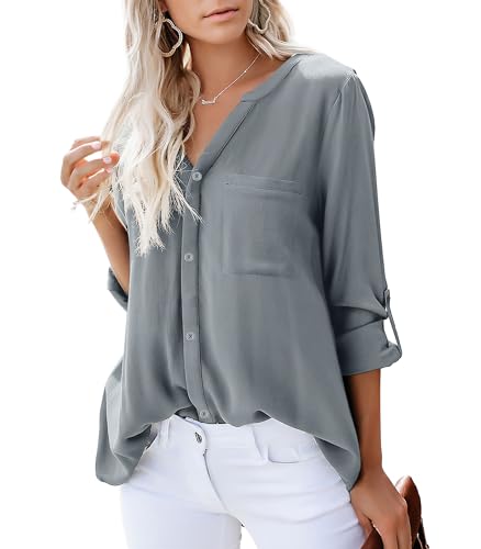 Dordanity Damen Bluse Elegant V-Ausschnitt Hemd Langarm Casual Arbeit Einfarbig Button Down Lose Langarmshirt Oberteile Tops (Large,Grau) von Dordanity