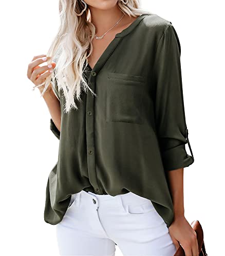 Dordanity Damen Bluse Elegant V-Ausschnitt Hemd Langarm Casual Arbeit Einfarbig Button Down Lose Langarmshirt Oberteile Tops (Medium,Armeegrün) von Dordanity