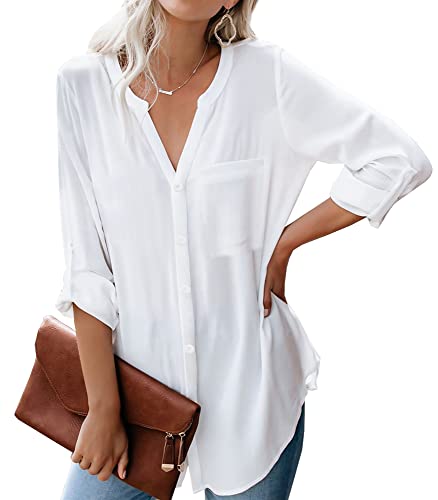 Dordanity Damen Bluse Elegant V-Ausschnitt Hemd Langarm Casual Arbeit Einfarbig Button Down Lose Langarmshirt Oberteile Tops (Small,Weiß) von Dordanity