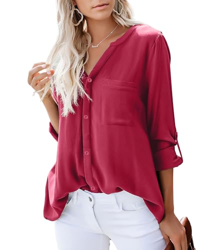 Dordanity Damen Bluse Elegant V-Ausschnitt Hemd Langarm Casual Arbeit Einfarbig Button Down Lose Langarmshirt Oberteile Tops (Small,Rot) von Dordanity