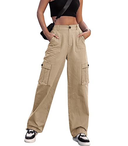 Dordanity Y2K Cargohose für Damen Baggy Hosen High Waist Wanderhose Baumwolle Arbeitshose mit Multi Taschen(Khaki,XS) von Dordanity