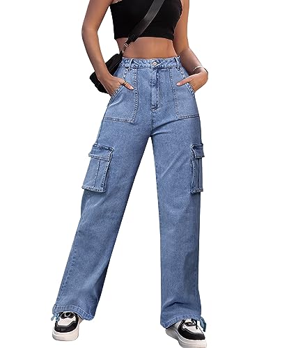 Dordanity Y2K Cargohose für Damen Baggy Hosen High Waist Wanderhose Baumwolle Arbeitshose mit Multi Taschen(Denim Blau,M) von Dordanity