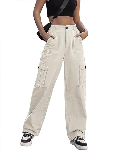 Dordanity Y2K Cargohose für Damen Baggy Hosen High Waist Wanderhose Baumwolle Arbeitshose mit Multi Taschen(Beige,XL) von Dordanity