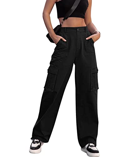 Dordanity Y2K Cargohose für Damen Baggy Hosen High Waist Wanderhose Baumwolle Arbeitshose mit Multi Taschen(Schwarz,M) von Dordanity