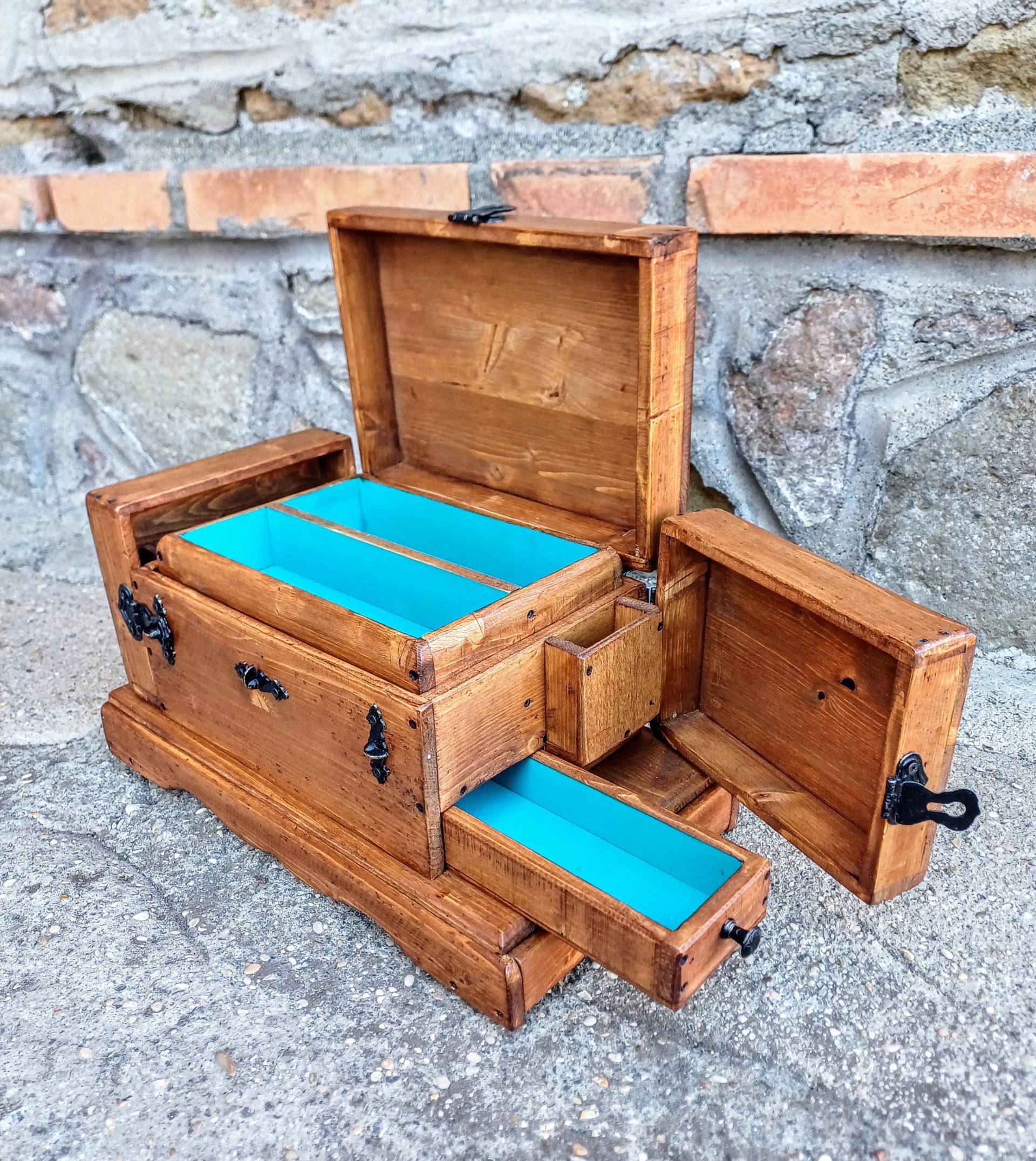 Holztruhe Mit Schubladen, Herausnehmbarem Tablett Und Geheimfach, Box Geheimfach Antiker Schmuckhalter Aus Holz Holztruhe Mit Schubladen, Herausnehmbarem Tablett Und Geheimfach, Box Geheimfach Antiker Schmuckhalter Aus Holz von DorealiStudioRoma