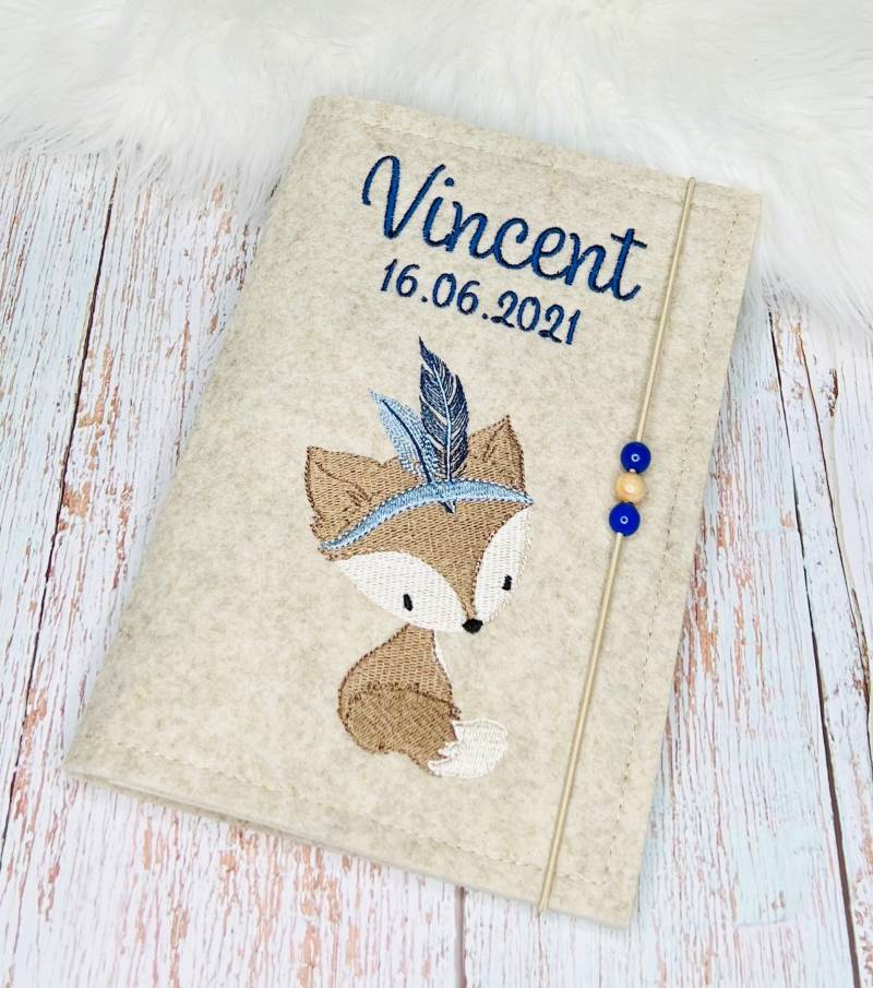 Bestickte U-Heft Hülle Boho Fuchs Fox Blaugrau Junge Filz Umschlag Uheft U-Hefthülle Uhefthülle von DoreensBastelstube