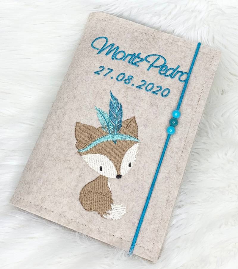 Bestickte U-Heft Hülle Boho Fuchs Fox Türkis Blau Junge Filz Umschlag Uheft U-Hefthülle Uhefthülle von DoreensBastelstube
