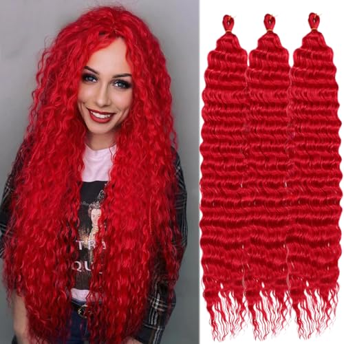 Synthetische Wasserwelle Lose Häkelhaarverlängerungen für Frauen 120 G/stück 76cm 30 Zoll Tiefe Welle Twist Langes Gewelltes Haar 3 Stück Rot von Doren