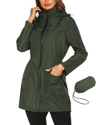 Regenjacken für Damen, wasserdicht, leicht, verstaubar, mit Kapuze, Solid Green, XX-Large von Doreyi