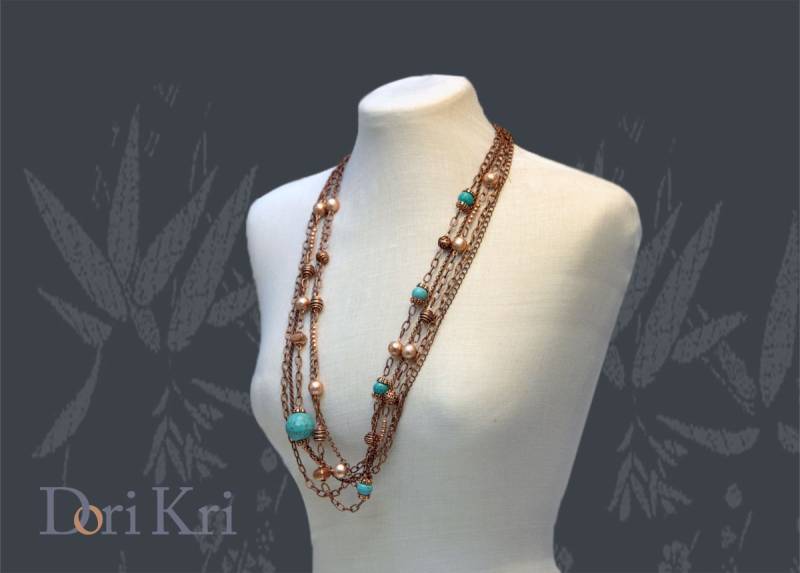 Lange Mehrreihige Kettenkette Mit Kupfer - Und Türkisperlen. Blaue Stein Kette Halskette. Steinschmuck. Halskette von DoriKri