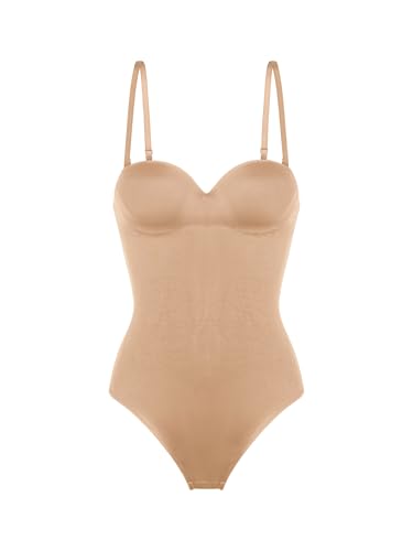 DORINA SUBLIME SCULPT Damen Leicht Gepolsterter String Bodysuit, Mittlere Kontrolle, Verborgene Bügel, Drahtlos, Verstellbare Abnehmbare Träger, Druckknopf-Schritt, Beige von Dorina