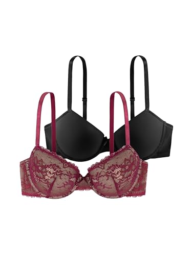 Dorina Damen Chloe 2er-Pack Demi-BH Set – Leicht Gepolsterte Bügel-BHS mit Floraler Spitze und Weichem Mikrogewebe, Verstellbare Träger, Schwarz und Rosa von Dorina