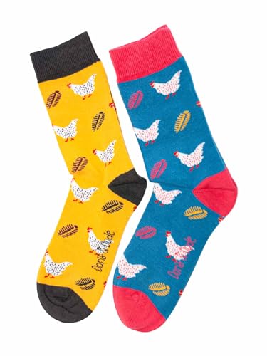 Doris & Dude Damen Bambus Crew Socken Hühner 2 Paar Set Med 3-7 Bunt Blau Gelb Langlebig Nachhaltig Geschenk, mehrfarbig, 3-7 von Doris & Dude