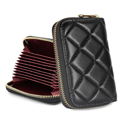 DORIS&JACKY Gestepptes Kreditkartenetui aus Leder für Damen, kleines Lammfell, Reißverschluss, Kartenetui mit 9 Kartenfächern, 1-schwarz, Kartenhalter mit Reißverschluss von Doris&Jacky