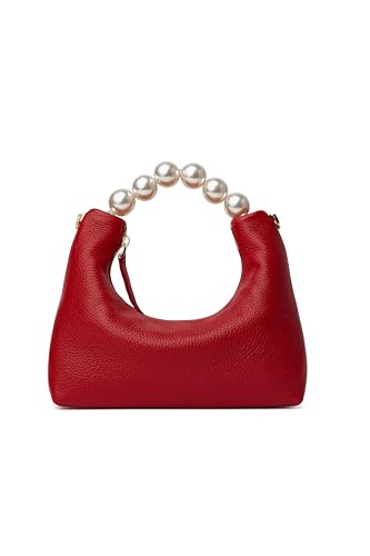 DORIS&JACKY Kleine Clutch mit Tragegriff oben für Damen, Designer-Umhängetasche mit Perlen-Tragegriff und Kettenriemen, Rindslederrot von Doris&Jacky