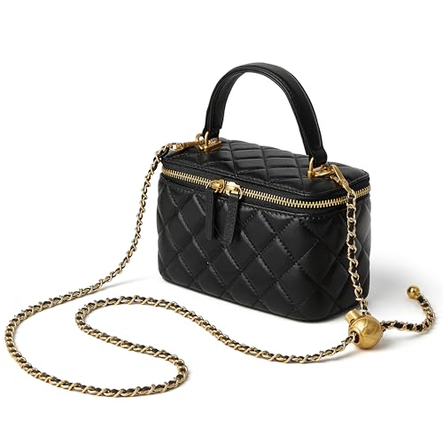 DORIS&JACKY Kleine gesteppte Umhängetasche für Damen, Designer-Leder, Mini-Griff oben mit Metallkettenriemen, Schwarz, S, Umhängetasche von Doris&Jacky