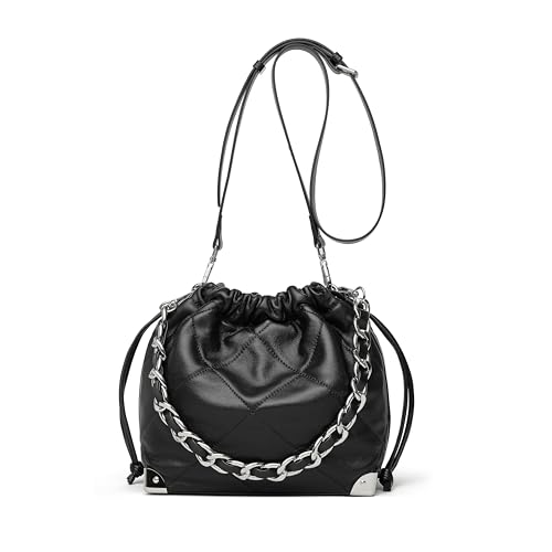 DORIS&JACKY Schultertasche mit Kordelzug für Damen, gesteppt, Hobo-Geldbörse mit 2 abnehmbaren Trägern und 4 Metall-Eckenschutz, 1-schwarz, Eimer von Doris&Jacky