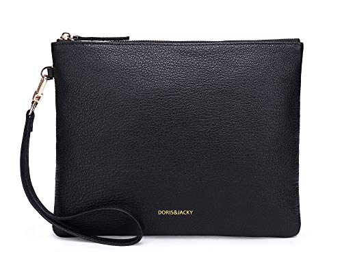 Doris&Jacky Damen Echtes Leder Clutch Schaffell Geldbörse Abendtasche mit Handschlaufe (Braun-Ziegenfell) von Doris&Jacky