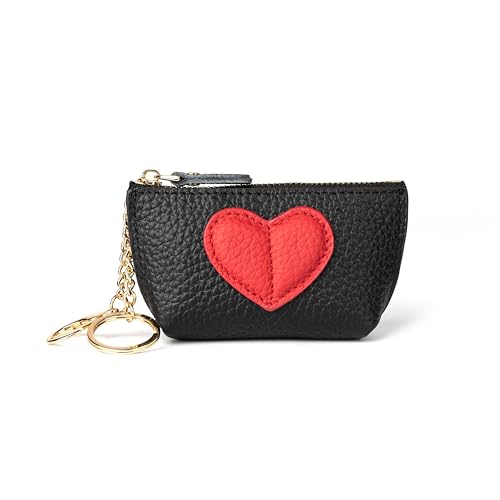 Doris&Jacky Münzbörse aus Rindsleder, Mini-Reißverschluss-Kartenhalter mit niedlichem rotem Herz-Design und Schlüsselanhänger, Schwarz, mini, Münzgeldbörse von Doris&Jacky