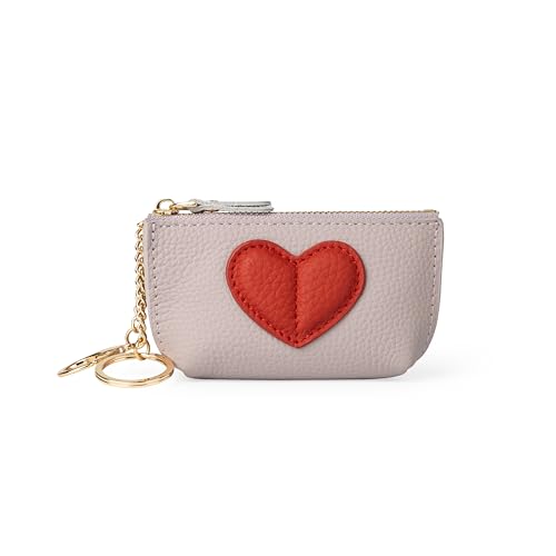 Doris&Jacky Münzbörse aus Rindsleder, Mini-Reißverschluss-Kartenhalter mit niedlichem rotem Herz-Design und Schlüsselanhänger, Violett, mini, Münzgeldbörse von Doris&Jacky