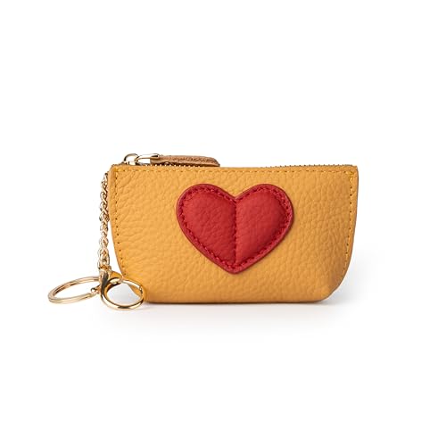 Doris&Jacky Münzbörse aus Rindsleder, Mini-Reißverschluss-Kartenhalter mit niedlichem rotem Herz-Design und Schlüsselanhänger, gelb, mini, Münzgeldbörse von Doris&Jacky