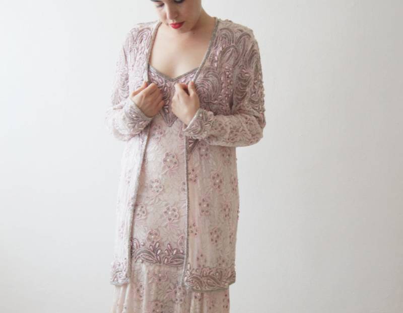 Vintage Perlen Top, Baby Rosa Dekoband Jacke, Wulstige Spitzentop, Flapper Oben, Hochzeit Oben Gatsby Kostenloser Versand von DorisVintage