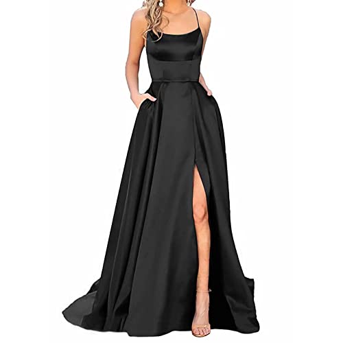 Damen Elegant Lange Ballkleider mit Taschen Satin A-Linie Backless Hochzeitskleid Abendkleider Sexy Neckholder Spaghetti Brautkleid Kleider Lang Prinzessin Brautjungfer Kleid mit Schlitz von Dorjuli