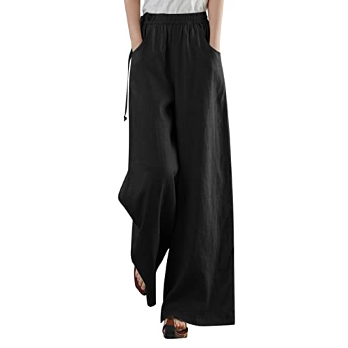 Dorjuli Baumwolle Leinenhose Damen Weite Beine Leichte Sommerhose Gesmokte Taille mit Knopfleiste High Waist Palazzohose Elegant Bequeme Lange Freizeithose Jogginghose Casual Pants Laufenhose von Dorjuli