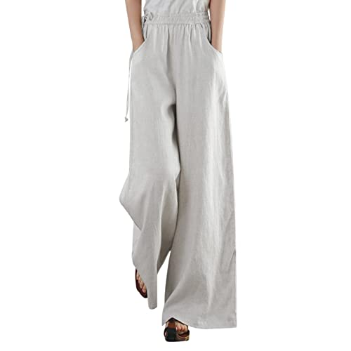 Dorjuli Baumwolle Leinenhose Damen Weite Beine Leichte Sommerhose Gesmokte Taille mit Knopfleiste High Waist Palazzohose Elegant Bequeme Lange Freizeithose Jogginghose Casual Pants Laufenhose von Dorjuli