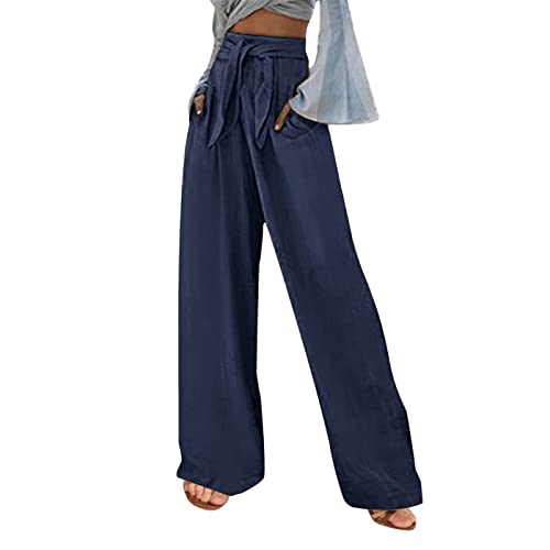 Dorjuli Leinenhose Damen Lang Weites Bein High Waist Sommerhose Elegant Stretch Bequem Stoff Leinen Hose Leicht Luftig Freiziethose Locker Schlupfhose Stoffhose Jogginghose Mit Taschen von Dorjuli