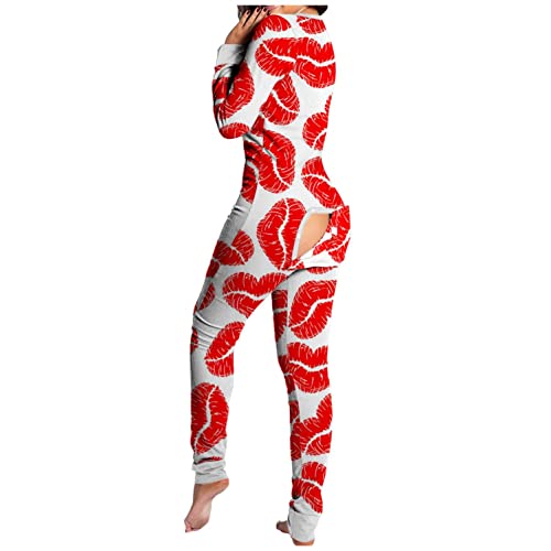 Dorjuli Sexy Jumpsuit Damen Offener Schritt Bunt Druck Hausanzug Einteiler Thermo Unterwäsche Hausanzug Schlafanzug Mit Po Klappe Valentinstag als Geschenk für Freundin（S-4XL von Dorjuli